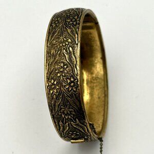 Victorian Revival Hinged Bracelet Repousse Floral Gold Tone 1in Wide